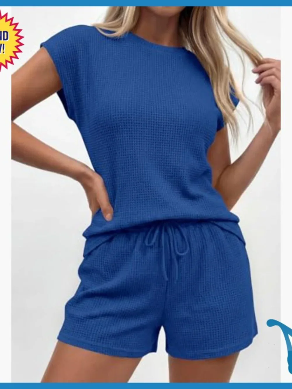 Waffle Knit Lounge Short Set Cap Sleeve Drawstring Pockets Medium